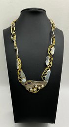 RR40 Vintage Michou Sterling Silver And Vermeil Multi Stones Modernist Link Necklace 37.13gr
