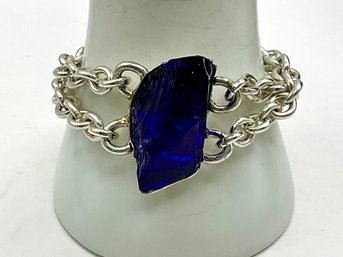 RR27 KH Designed Sterling Silver And Tanzanite Quartz Chunky Link Chain Bracelet 67.47gr