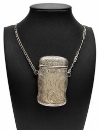 LD09 Antique Sterling Silver Engraved Vesta Case Pendant Necklace 44.97gr