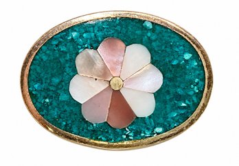 JA49 Mexico 925 Sterling Silver Turquoise & Mother Of Pearl Inlay Flower Brooch Pendant 4.22gr