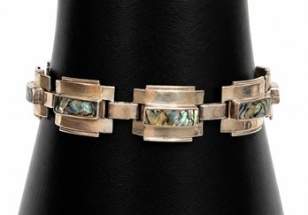 JA92 Vintage Taxco Mexico 925 Sterling Silver Abalone Inlay Link Bracelet 14.56 Gr