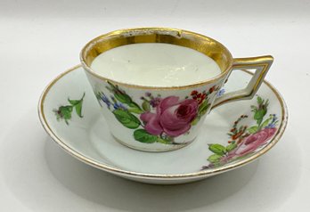 Antique Meissen Porcelain Cup & Saucer  Hand-Painted Floral With Gilt Trim