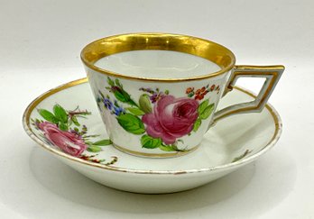 Antique Meissen Porcelain Cup & Saucer  Hand-Painted Floral With Gilt Trim