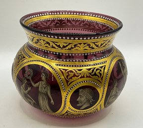 Antique Venetian Ruby Glass Vase With Gilt & Enameled Classical Bowl