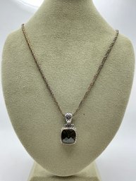 MH27 Vintage Sterling Silver Necklace And Faceted Prasiolite Square Pendant On Cord Chain 30.33Gr