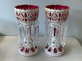 Pair Of Bohemian White Overlay Cranberry Luster Crystal Prisms