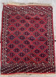 Vintage Hand-Knotted Turkmen Balouch Tribal Rug – Geometric Medallion Design On Rich Red Field  3.8 X 2.7