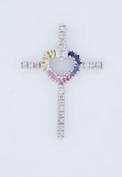 Diamond Cross Pendant With Multicolor Gemstone Heart