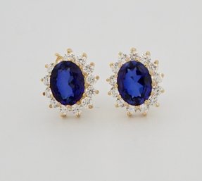 14k Yellow Gold Oval Blue Sapphire With CZ Halo Stud Earrings **description Changed**