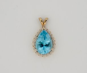 14 K Yellow Gold Blue Topaz & Diamond Teardrop Pendant