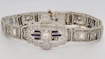 Vintage Art Deco Filigree Bracelet 14k White Gold & Platinum Features Diamonds And Sapphires