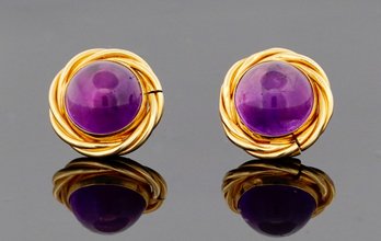 14K Gold  Amethyst Cabochon Earrings