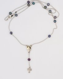 14k White Gold & Black Pearl Rosary Virgin Mary Necklace