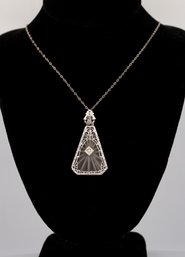 14k White Gold 1920s Art Deco Triangular Camphor Glass Pendant Necklace.