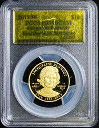 US $10 Gold .9999 First Spouse Jacqueline Kennedy 2015-W PCGS PR70 DCAM First Day West Point
