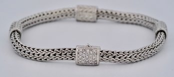 Authentic John Hardy Sterling Silver 925 Pave Diamond Wheat Chain Bracelet