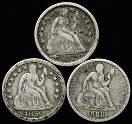 Lot Of 3 Seated Liberty Dimes 1850, 1853 & 1888