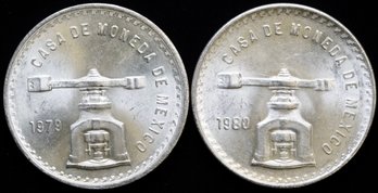 Lot Of( 2) 1978-1980 1 Oz Mexican 1 Peso Balancing Scale Silver Coins