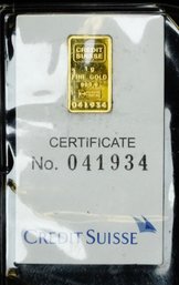 1 Gram Fine Gold Bar - Credit Suisse Statue Of Liberty (Classic Assay)