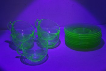 Five Vaseline Glass Cups And Nine Saucers (JD42)