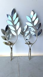 Pair Of Leaf Shaped Mirrored Candle Sconces (77)