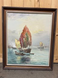 Vintage Chinese Sailing Ship Painting (J4)