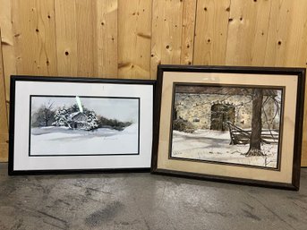 Pair Of Watercolor Framed Paintings Winter Scenes (j5)
