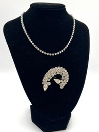 Vintage Rhinestone Jewelry Necklace And Pin (J11)