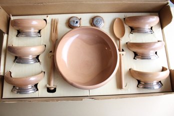 Vintage Hellerware Cherrywood And Chrome Salad Set New In Box (166)