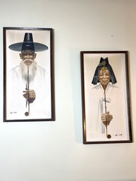 Korean Man And Woman Holding Long Pipes Framed Painted Canvas (24)