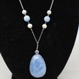 Sterling Silver Necklace With Aquamarine And Pearl (126)