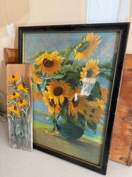 Framed Sunflower Print And Painted Wood Piece (G153)