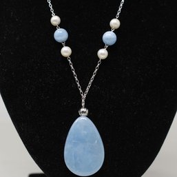 Sterling Silver Pearl And Aquamarine Necklace (174)