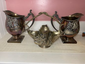 Two Silver-plate Pitchers And Bride's Basket (P8)