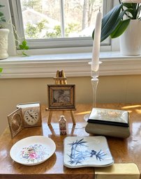 Shelf Lot - Small Dishes, Clock, Art On Easel And Music Box (108)