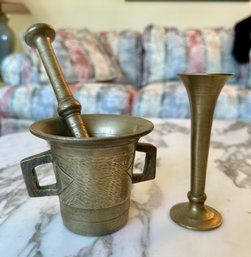 Brass Mortar And Pestle And Vase (123)