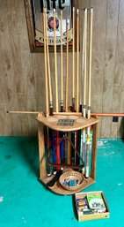 Pool Cue Stand With Cues, Triangle And Accessories (136)
