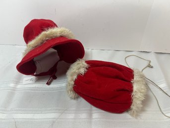 Antique Child's Red Bonnet And Hand Warmer Fur Accents (ST7)