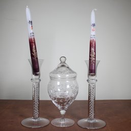Glass Candlesticks And Jar (31)