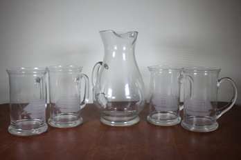 Glass Pitcher And Four Etched Tankards (38)