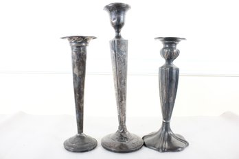 Weighted Sterling SIlver Vase And Two Candle Holders (K10)