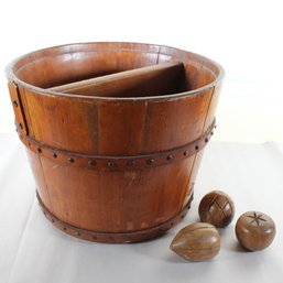 Antique Divided Wooden Bucket With Wooden Fruit (K18)