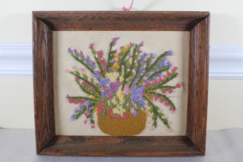 Vintage Framed Needlework Basket Of Flowers (K25)