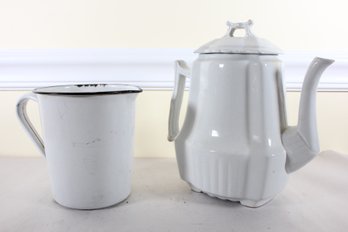 Ironstone Coffee Pot And Enamel Measuring Jug (K40)
