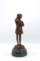 Bronze Vintage Blowing Bubbles Girl Figure On Marble Base