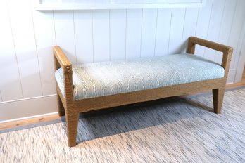 One Kings Lane Lovely Rattan Bench With Seafoam/white Fabric