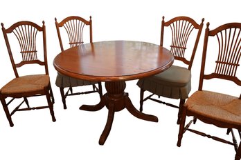 Amish Wood Round Pedestal Table With Four Wheat Back Chairs