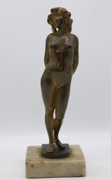 Vintage Bronze Figure Featuring A Classic Nude Form With Gilding On A Marble Base
