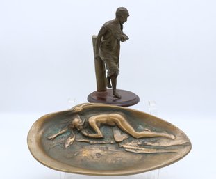 Art Nouveau Style Bronze Candy Dish And Female Figure In Flowing Dress