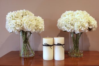 Two Hydrangea In Glass Vase And 2 Decorative Candles -shippable